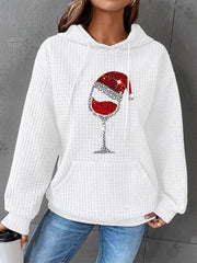 Women's Christmas Red Wine Glass Print Casual Waffle Hoodie