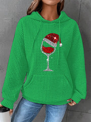 Women's Christmas Red Wine Glass Print Casual Waffle Hoodie