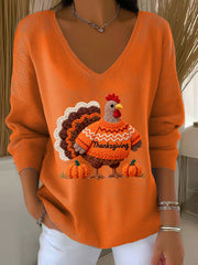 Women's Thanksgiving Turkey V-neck Long Sleeve T-shirt