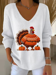 Women's Thanksgiving Turkey V-neck Long Sleeve T-shirt
