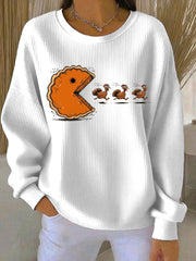 Women's Thanksgiving turkey Printed Ribbed Round-Neck Sweatshirt