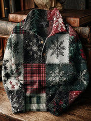 Men's Vintage Christmas Patchwork Art Print Button Stand Collar Hoodie