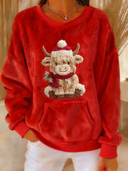 Women's Christmas Highland Cow Plush Sweatshirt