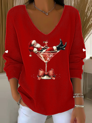 Women's Santa Claus sitting on a wine glass V-Neck Ribbed Top