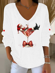 Women's Santa Claus sitting on a wine glass V-Neck Ribbed Top