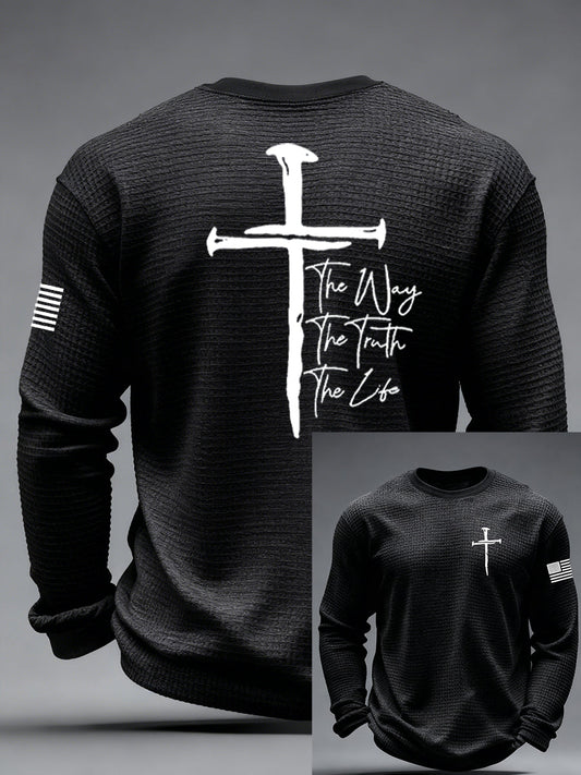 Men's Jesus The Way The Truth The Life John 14:6 Christian Cross Waffle Long Sleeve T-Shirt
