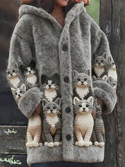 Women's Animal Cat Print Flannel Warm Jacket