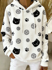 Women's Cute Cat Art Print Casual Flannel Hoodie
