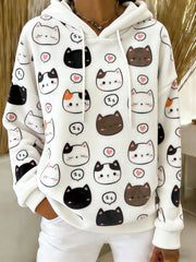 Women's Cute Cat Art Print Casual Flannel Hoodie