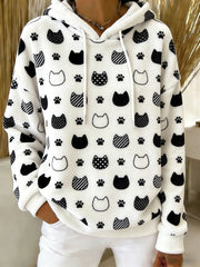 Women's Cute Cat Art Print Casual Flannel Hoodie