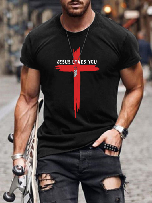 Men's Jesus Loves You Cross Print Casual Tee