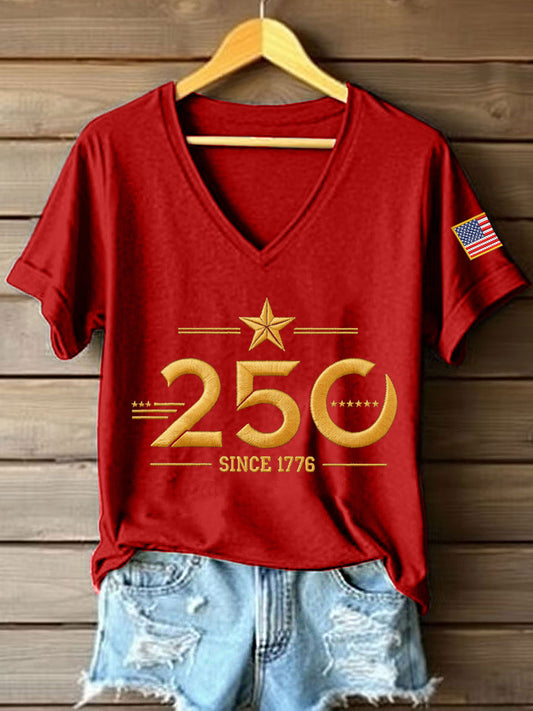 Women's America 1776–2026 Embroidered Pattern V-Neck T-Shirt