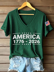 Women's America 1776-2026 Embroidery Pattern V-Neck T-Shirt