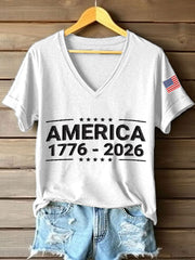 Women's America 1776-2026 Embroidery Pattern V-Neck T-Shirt