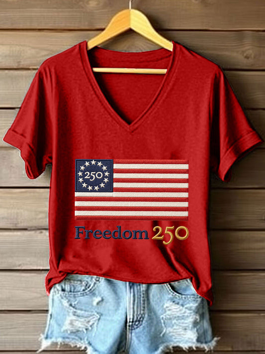 Women's Freedom 250th Anniversary Embroidered V-Neck T-Shirt