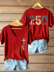 Women's 250th Anniversary Patchwork Pattern V-Neck T-Shirt