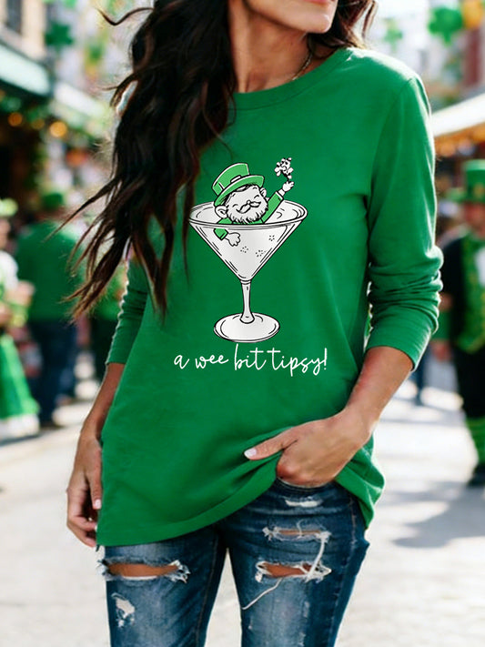 Women's Funny St Patrick's Day A Wee Bit Tipsy! Shamrock Print Casual Long Sleeve T-Shirt