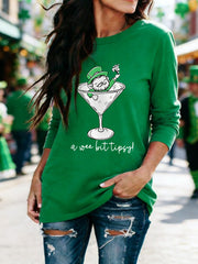 Women's Funny St Patrick's Day A Wee Bit Tipsy! Shamrock Print Casual Long Sleeve T-Shirt