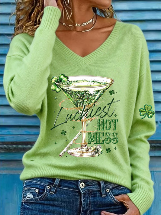 Women's St. Patrick's Day Funny Drinking Luckiest Hot Mess V-Neck Top
