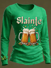 Women's St Patrick's Day Slainte Shamrocks Print Casual Long Sleeve T-Shirt