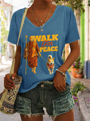 Women's Walk For Peace Monks With Aloka Dog Printed V-neck T-shirt