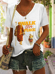 Women's Walk For Peace Monks With Aloka Dog Printed V-neck T-shirt
