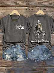 Women's Retro Walk For Peace Monks With Aloka Dog Printed V-neck T-Shirt