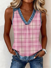 Women's Pink Plaid Print Denim Patchwork V-Neck Top