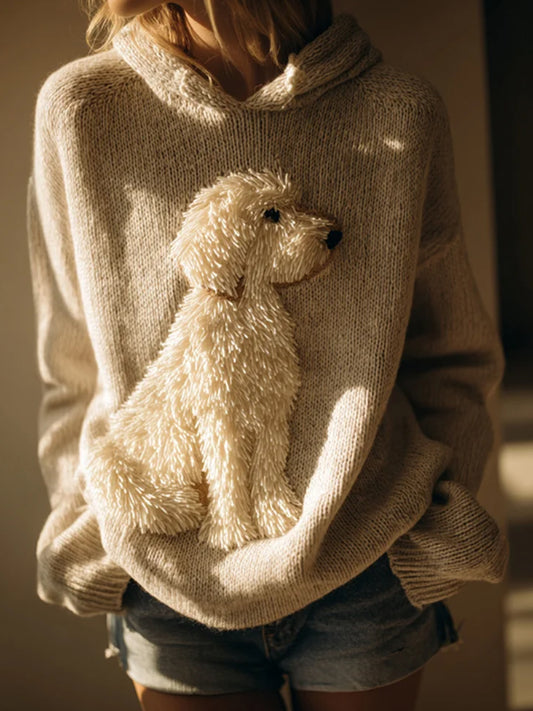 Women's Funbibi Classic Fuzzy Labradoodle Dog Felt Cozy Knit Hooded Sweater