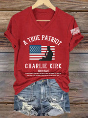 Women's A True Patriot R.I.P Charlie Kirk V-Neck Tee