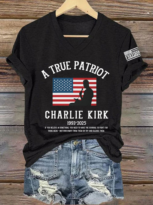Women's A True Patriot R.I.P Charlie Kirk V-Neck Tee