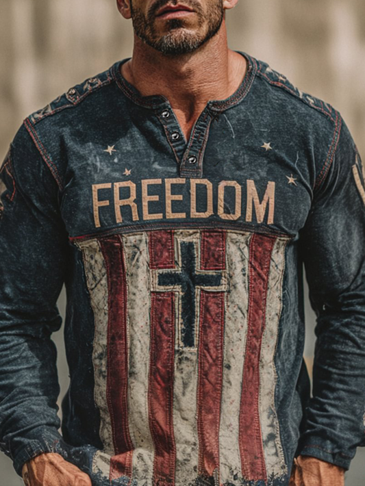 Men's Freedom Print Casual Button T-Shirt