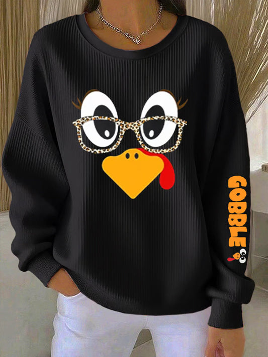 Women's Retro Thanksgiving GOBBLE Print Round Neck Sweatshirt
