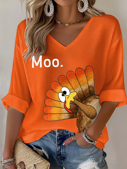 Women's Retro Thanksgiving GOBBLE Print  Waffle T-shirt