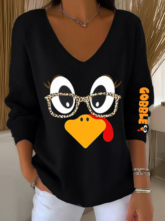 Women's Retro Thanksgiving GOBBLE Print V-Neck Ribbed Top