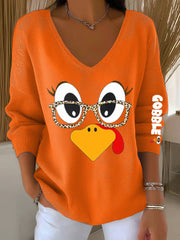 Women's Retro Thanksgiving GOBBLE Print V-Neck Ribbed Top
