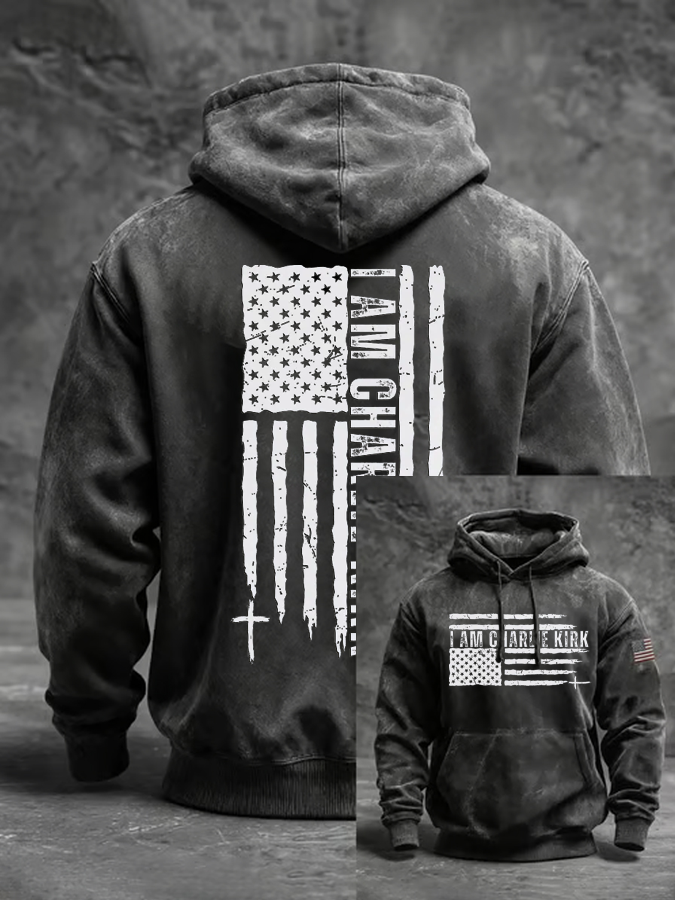 Men's I Am Charlie Kirk Printed Oversized Drop-Shoulder Hoodie with Pockets