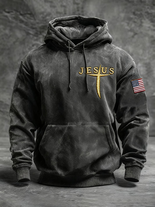 Men's Vintage Jesus Cross Oversized Drop-Shoulder Hoodie with Pockets