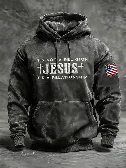 Men's Vintage Jesus Cross  Oversized Drop-Shoulder Hoodie with Pockets