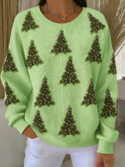 Women's Christmas Tree Print  Round-Neck Sweatshirt