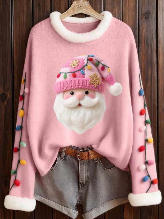 Women's Cute Pink Santa Felt Pattern Furry Top