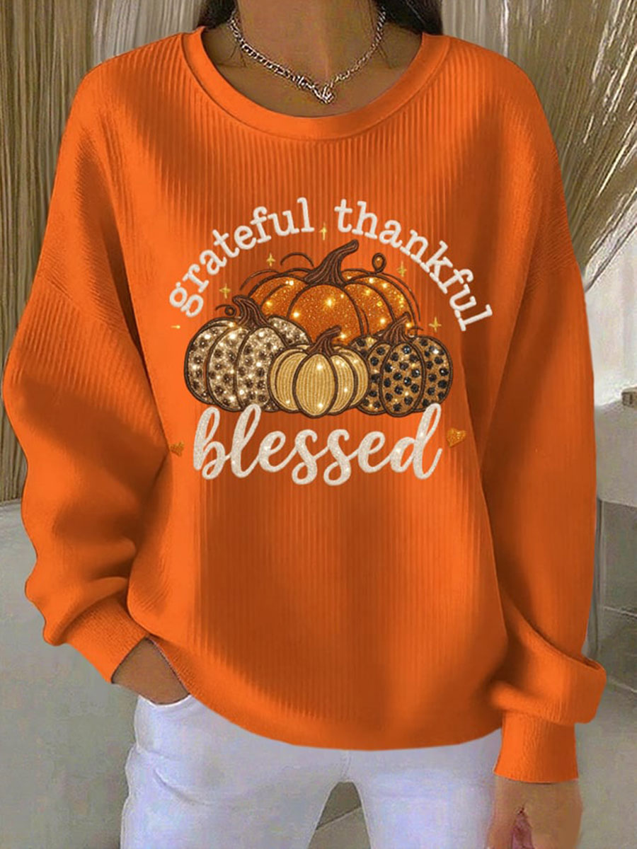 Women's  Thankful Grateful & Blessed Thanksgiving Ribbed Round-Neck Sweatshirt