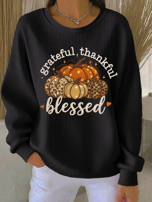Women's  Thankful Grateful & Blessed Thanksgiving Ribbed Round-Neck Sweatshirt