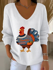 Women's Thanksgiving Turkey V-neck Long Sleeve T-shirt