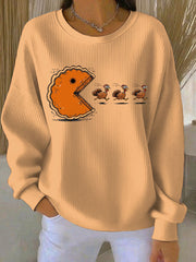 Women's Thanksgiving turkey Printed Ribbed Round-Neck Sweatshirt
