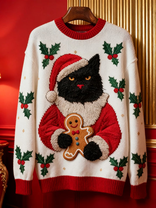 Women's Vintage Christmas Black Cat Knitted Sweater
