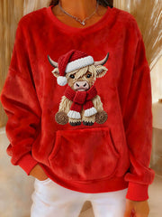 Women's Christmas Highland Cow Plush Sweatshirt
