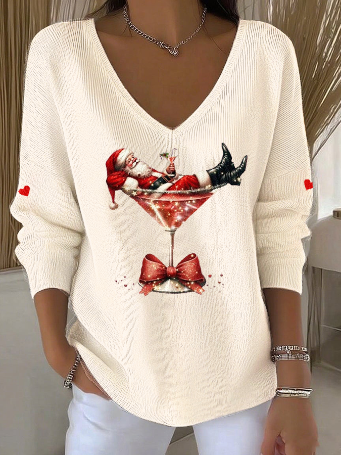 Women's  Santa Claus sitting on a wine glass V-Neck Ribbed Top