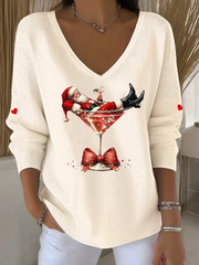 Women's  Santa Claus sitting on a wine glass V-Neck Ribbed Top