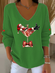 Women's  Santa Claus sitting on a wine glass V-Neck Ribbed Top